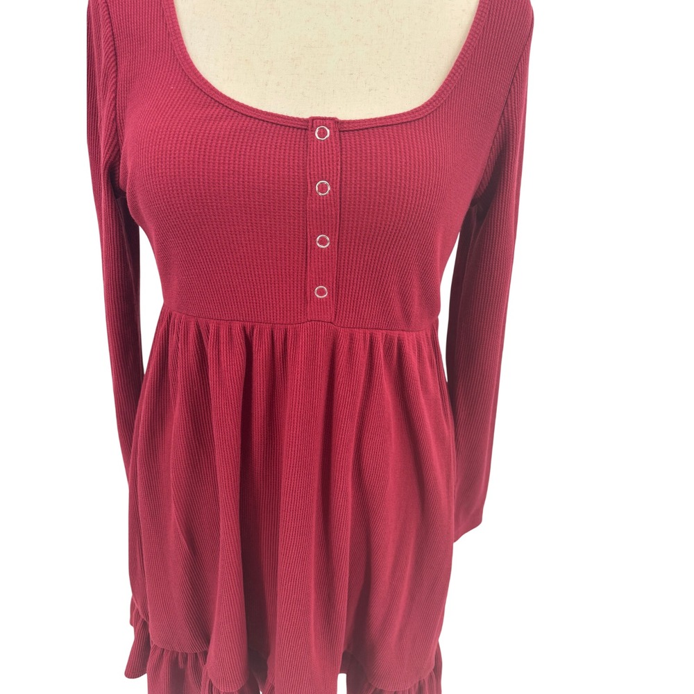 Wild Fable Waffle Knit Baby Doll Dress Womens Cranberry Empire Waist Ruffle L - Picture 2 of 10